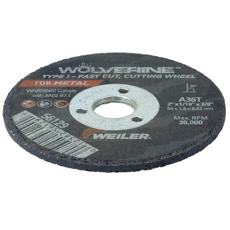 Weiler Type 1, 2 in Dia, 1/16 in Thick, Aluminum Oxide, 36 Grit 56129
